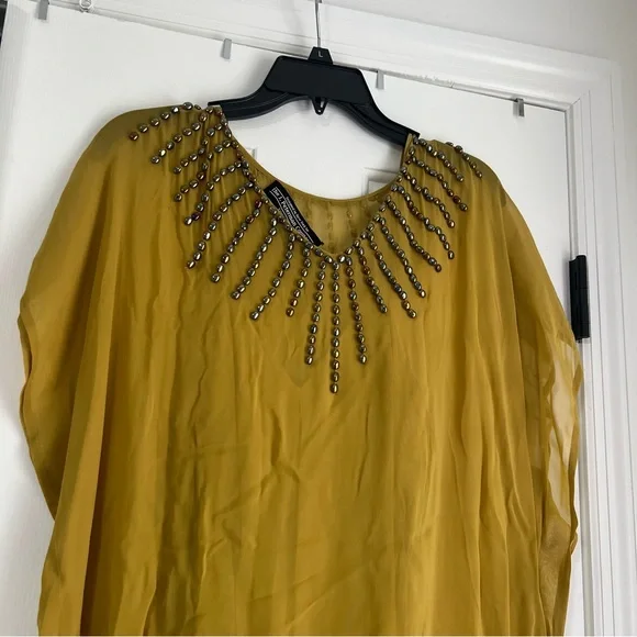J. Peterman Company The Evening Caftan Gown Beaded Maxi Dress MuMu Yellow Gold M - Picture 6 of 16
